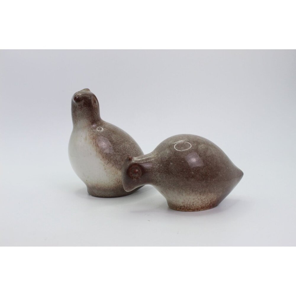 Studio Pottery Quail Figurines • Ceramic Bird Pair • Brown & Cream Glaze Decor